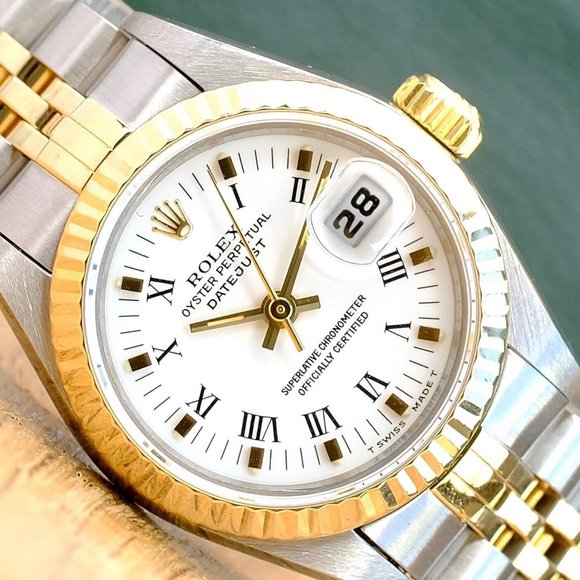 ROLEX DATEJUST WHITE INDEX DIAL 18K GOLD FLUTED JUBILEE TWOTONE WATCH 26MM 69173 - Picture 2 of 12